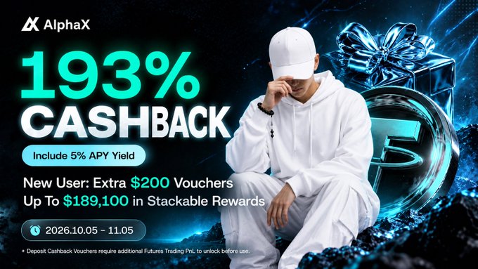 An advertisement for AlphaX featuring a man in white clothing and a white cap sitting in a contemplative pose, promoting '193% CASHBACK' including a '5% APY Yield', with offers for new users including 'Extra $200 Vouchers' and dates '2026.10.05 - 11.05'.