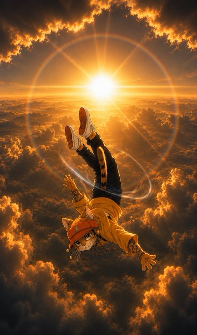An anime-style illustration of a cat-like character in a yellow hoodie falling backward through dramatic golden clouds toward a glowing sun, with motion trails around the figure.