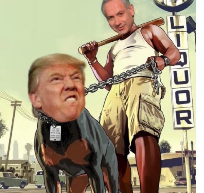 A satirical illustration depicting a man with a baseball bat standing behind a caricatured figure with Donald Trump's head that is chained like a dog, set against a liquor store backdrop.