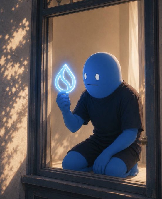 A blue, featureless humanoid character in dark clothing sits on a windowsill, holding up a glowing blue flame-like symbol.