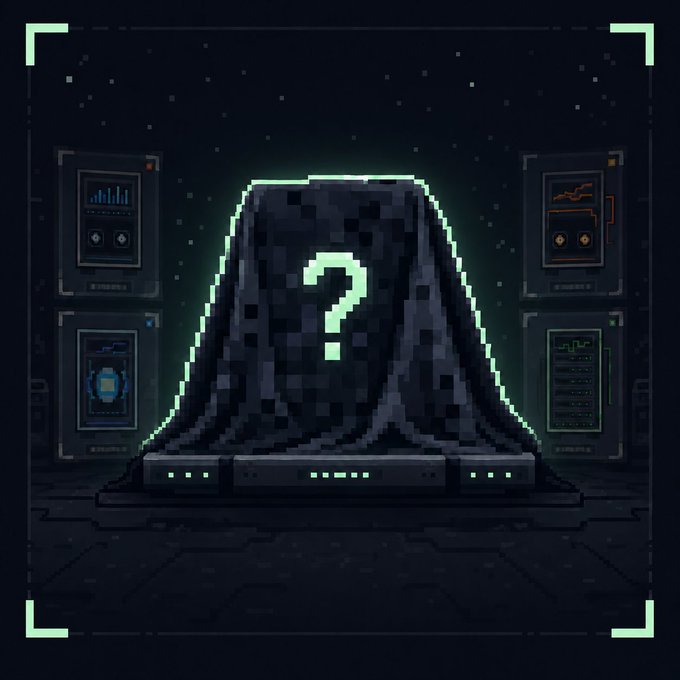 A pixel-art cloaked figure with a glowing green question mark stands on a high-tech platform surrounded by data panels, visually teasing the "surprise waiting" for the first 100 early supporters mentioned in the Nodework mint announcement on OpenSea.
