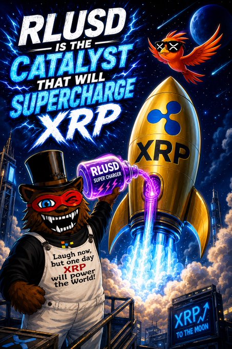 A crypto promotional graphic with the text 'RLUSD IS THE CATALYST THAT WILL SUPERCHARGE XRP' featuring a rocket with the XRP logo, a bear mascot in a top hat holding an RLUSD energy drink can, and text reading 'Laugh now, but one day XRP will power the World!'
