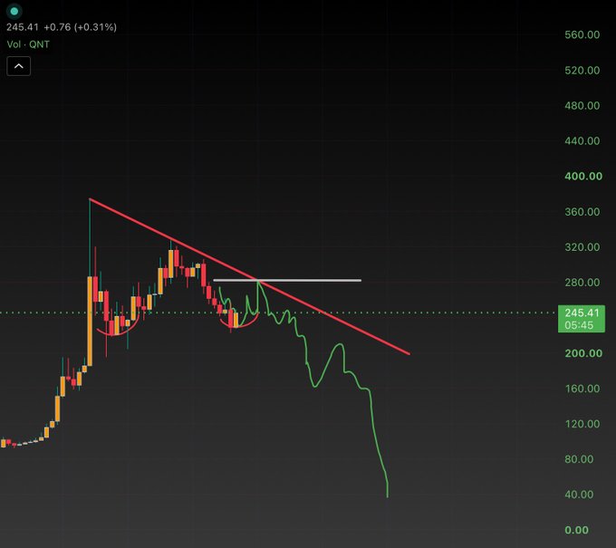 A cryptocurrency trading chart for the ticker "QNT" showing a price of 245.41 (+0.76, +0.31%), with a red downtrend line drawn over the candlestick chart.