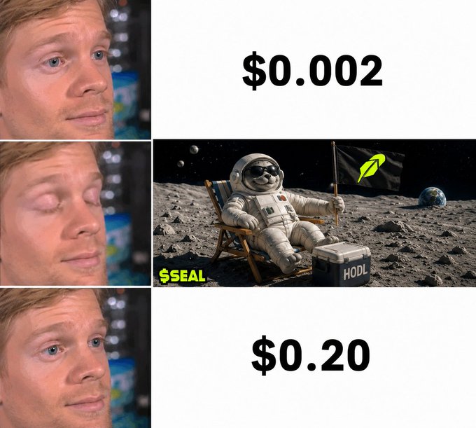 A three-panel meme featuring a man with a changing facial expression alongside crypto prices, showing $0.002 at the top, an astronaut dog with a '$SEAL' flag and 'HODL' briefcase in the center, and $0.20 at the bottom.