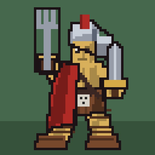 Pixel art of a Spartan or Roman soldier wearing a red cape and white plumed helmet, holding a sword in one hand and a fork in the other.