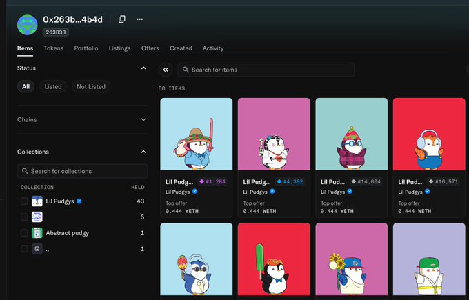 A screenshot of a digital wallet interface showing an NFT collection called 'Lil Pudgys' with various penguin-themed items priced in ETH and WETH.