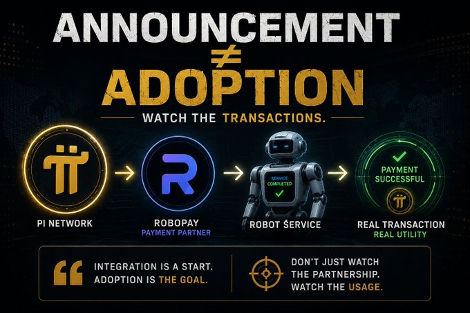 The image, titled "ANNOUNCEMENT ≠ ADOPTION — WATCH THE TRANSACTIONS," uses a flow chart to illustrate the Pi Network × RoboPay partnership, showing a progression from "PI NETWORK" to "ROBOPAY PAYMENT PARTNER" to "ROBOT SERVICE" and finally to "REAL TRANSACTION / REAL UTILITY," with a tagline reading, "Integration is a start. Adoption is the goal." It directly visualizes the post's skepticism, reinforcing the demand for evidence of actual Pi usage in real-world transactions rather than just announced partnerships.