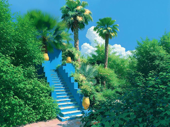 Bright blue staircase ascending through lush greenery and towering palm trees under a vibrant sky — visually echoing the post's message about building your own path forward, free from others' limitations, like launching a custom chain with @CNPYNetwork.