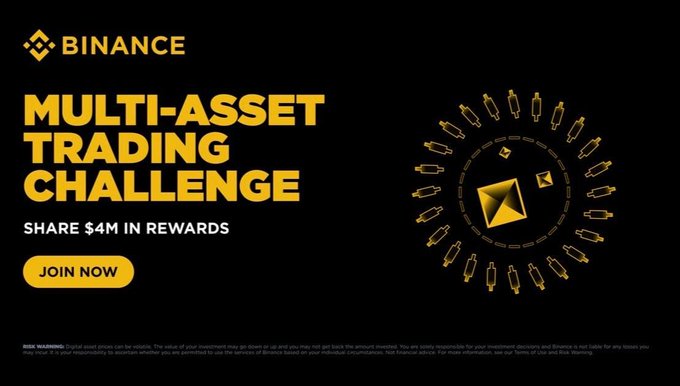 A Binance promotional banner advertises a "Multi-Asset Trading Challenge" with $4M in rewards and a yellow "JOIN NOW" button, featuring a circular arrangement of gold rocket illustrations surrounding an Ethereum (ETH) logo, visually tying into the accompanying post about Binance's Traders League Season 4, which tests users' trading skills across Spot, bStocks, TradFi Perps, and Digital Asset Futures categories.