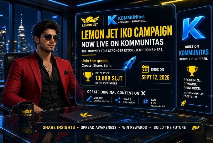 Promotional graphic for the 'LEMON JET IKO CAMPAIGN' on the KOMMUNITAS platform, featuring a man in a red jacket, a prize pool of 13,888 $LJT, ending September 12, 2026.