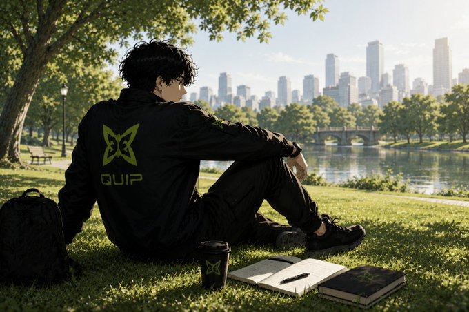An anime-style illustration of a person wearing a black 'QUIP' hoodie sitting on grass in a park with a city skyline in the background, accompanied by a backpack, coffee cup, and open notebook.