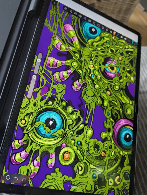 A tablet screen displays a vibrant WIP digital artwork featuring psychedelic green organic shapes, multiple eyeballs, and tentacle-like forms against a purple background. The interface shows app icons at the top and the text "OSC" along with "2128x1600" resolution indicator at the bottom, serving as the artist's working canvas for this 1/1 piece destined for @Phuton2x's Polygon Alpha Beta collection.