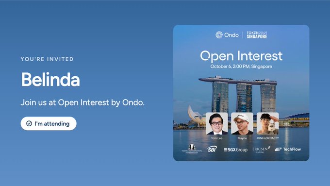 A blue invitation graphic for 'Open Interest' by Ondo, dated 'October 6, 2:00 PM, Singapore', featuring a background image of the Marina Bay Sands hotel and headshots of speakers including 'Tom Lee' and 'Mika'.