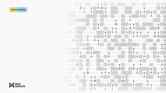 An announcement graphic from QPP Network shows a complex quantum circuit diagram with various gates and operations arranged in a triangular pattern.