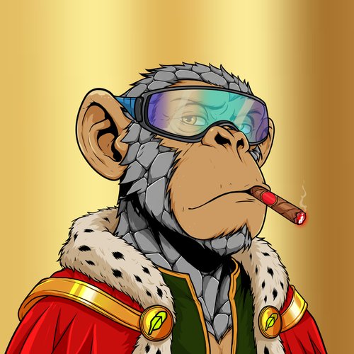 An illustrated NFT-style portrait of a monkey wearing sunglasses, a fur-collared red robe, and smoking a cigar.
