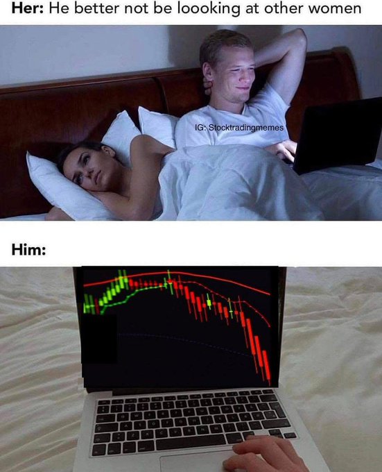 A two-panel meme with the top labeled 'Her: He better not be loooking at other women' showing a couple in bed, and the bottom labeled 'Him:' showing a laptop displaying a crashing stock chart, credited to @stocktradingmemes on Instagram.