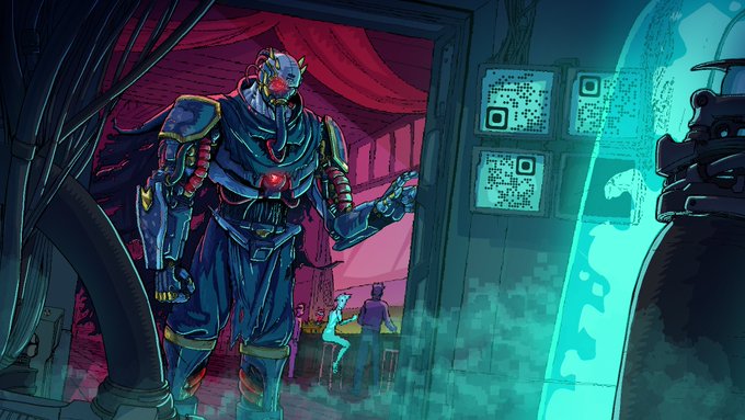 A comic-style illustration shows a large, armored demonic figure with a glowing red chest standing in a doorway while smaller human characters watch in the background.