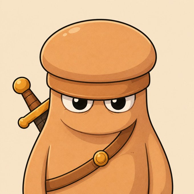 A cartoon-style illustration of a brown potato character dressed as a soldier with a cap, sash, and sword strapped to its back, gazing with a confident expression.
