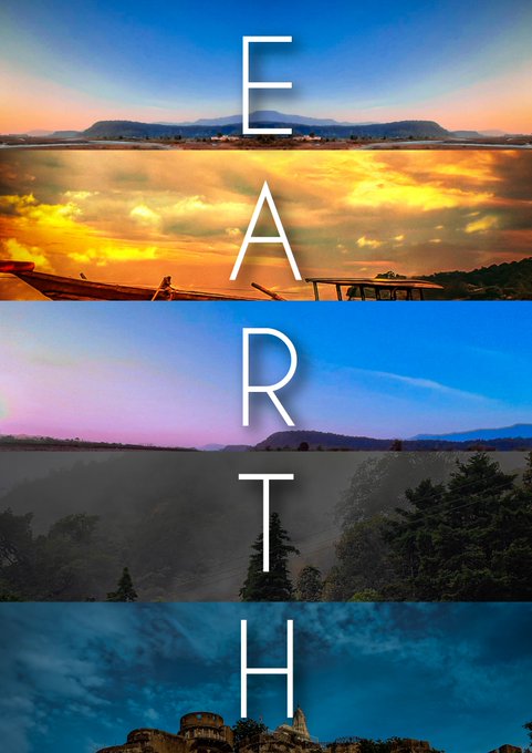A vertical collage featuring four landscape photographs—mountains at dawn, a boat at golden hour, a misty forest, and a hilltop fortress—overlaid with the vertical text "EARTH," illustrating the post's call for more photography showcasing the world's natural beauty.