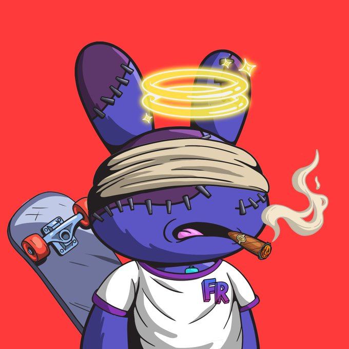 A stitched-together purple cartoon bunny with stitched eyes wears a "FR" shirt and a headband, smoking a cigar while holding a skateboard, and sporting a glowing golden halo with stars above its head against a red background—visually embodying the rugged, scrappy underdog spirit of the smaller NFT project being celebrated in the post.