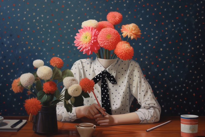 A surreal artwork shows a woman with a bouquet of pink, red, and orange flowers obscuring her face, seated at a table with a patterned blue background.