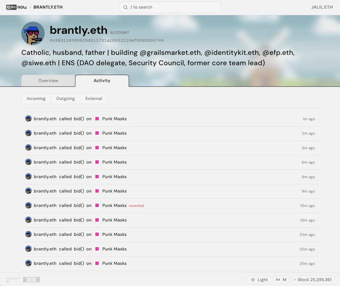 The image shows a computer screen displaying a social media profile of a person named BrantlyMillegan, who has tagged themselves with various organizations such as ENS (Ethical Notorious Enthusiast Network), DAF (Digital Arms Control Foundation), and PunksData.eth. The post also mentions the website "masks.punksdata.eth" where one can find more information about these organizations or interact with them.