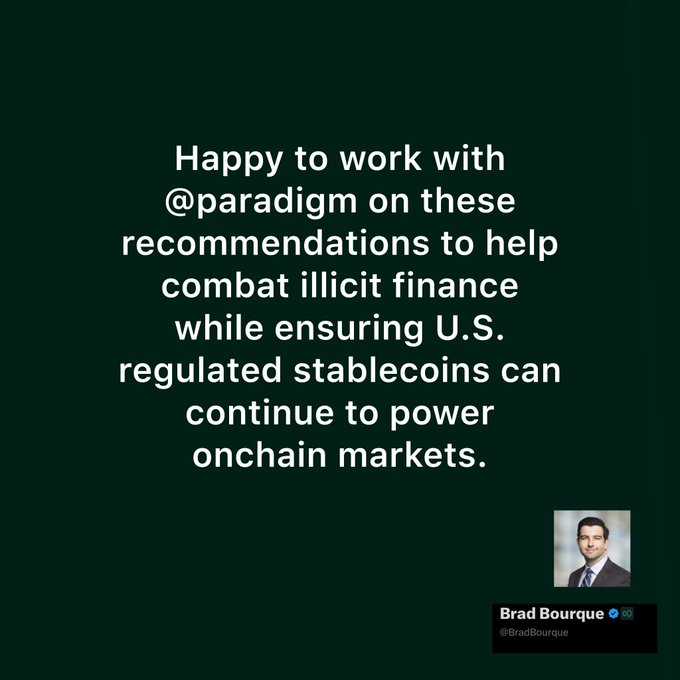 The image features a man's face, likely Brad Bourgeois, who has posted an article about stablecoins on Twitter. The text of his post reads "Happy to work with #Paradigm on these recommendations to help combat illiquidity finance while ensuring regulated stabilecoins can continue to power onchain markets." This message is related to the discussion around stablecoins and their potential impact on the financial ecosystem, as well as Brad Bourgeois' personal interests in cryptocurrency.