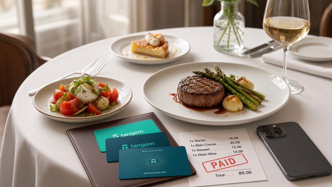 An elegantly set dining table features a steak with asparagus, a tomato salad, dessert, and a glass of white wine, alongside a paid receipt totaling 89.00 and two 'tangem' crypto cards.