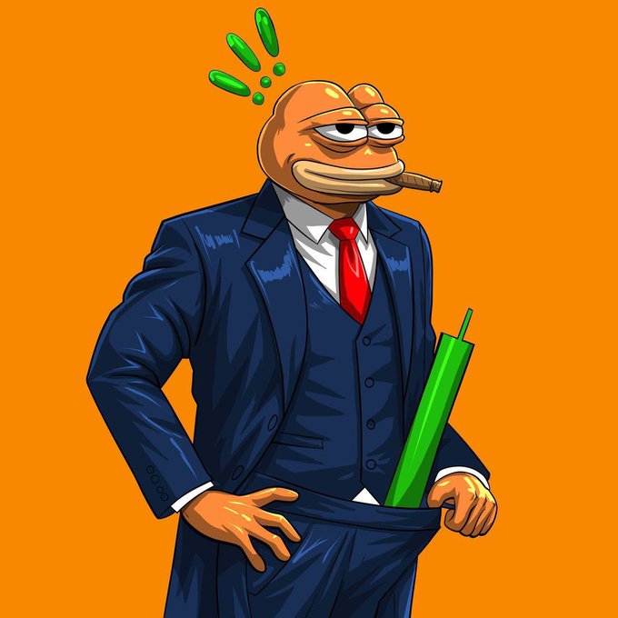 A cartoon illustration of a frog-like character in a dark blue suit and red tie, smoking a cigar and holding a green object that resembles a large pen or device.