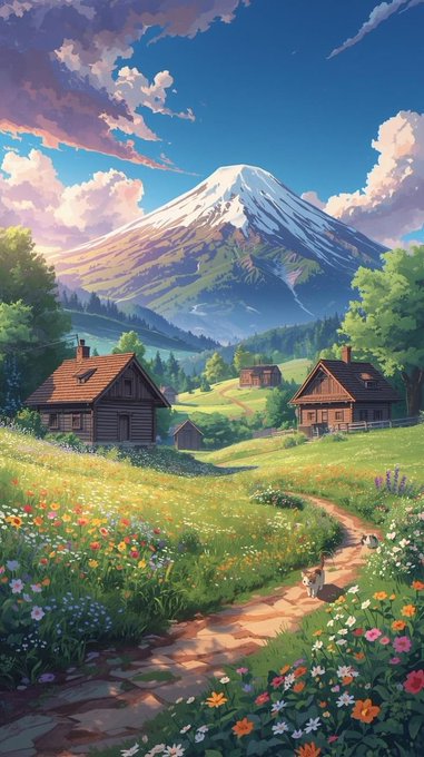 A vibrant anime-style illustration of a lush green valley with wooden cabins, a winding dirt path lined with colorful flowers, and a snow-capped mountain under a bright blue sky.