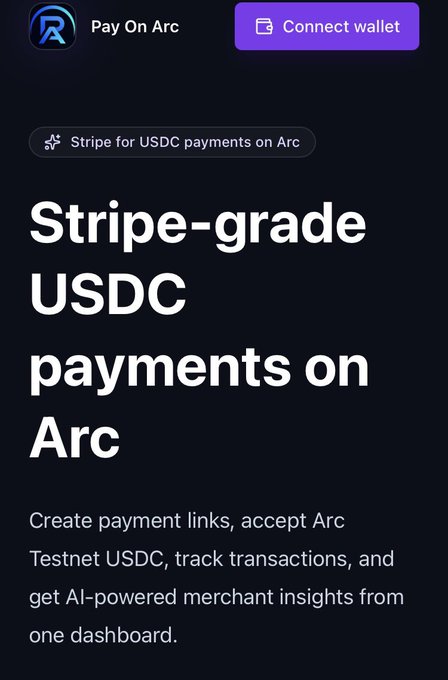 The image shows a screenshot of a Pay On Arc app with various sections, including a "Pay On Arc" section at the top left corner displaying the app's name and a description of the payment system it offers. Below the main text, there is an infographic with information about USDC payments on Arc, such as creating payment links, accepting arcs (also known as smart contracts), testing USDC transactions through the USDC Testnet, tracking transactions using the USDC Tracker API, and obtaining merchant insights from one dashboard. The image also includes a small text box that reads "Connect wallet", which may reference the app's primary feature of connecting to users' wallets for payments.