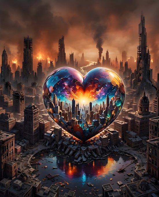 A digital artwork depicting a destroyed cityscape with a large, colorful heart-shaped object at the center, reflecting a city within it under a fiery sky.