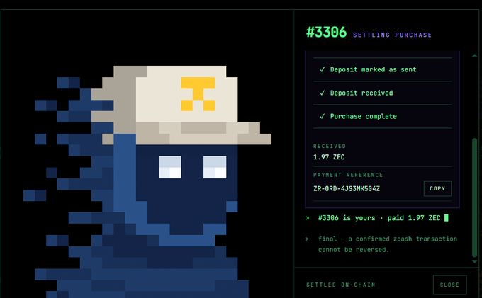 A digital transaction interface shows a pixel art character with a white cap next to a 'SETTLING PURCHASE' screen displaying '1.97 ZEC' received and 'Purchase complete' confirmation.