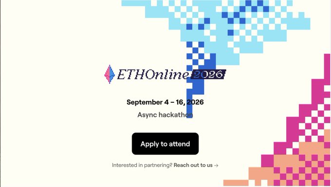 ETHOnline 2026 promotional graphic announcing the async hackathon running September 4-16, 2026, featuring an "Apply to attend" button and a note that interested partners can reach out, which aligns with the post's announcement of the event's $100,000+ prize pool and its new policy of accepting existing projects alongside new builds.