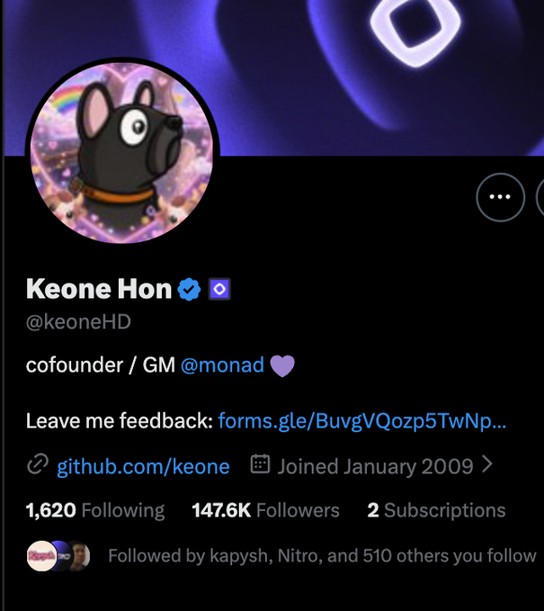 The image shows the Twitter/X profile of **Keone Hon (@keoneHD)**, cofounder/GM of **Monad**, with 147.6K followers, verifying his connection to the Monad ecosystem mentioned in the post about the ~$50K memecoin airdrop to $JAMES, $CHOG, and $EMO holders.