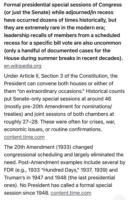 Text discusses the history of formal presidential special sessions of Congress, noting that no President has called one since 1948 and citing historical counts from en.wikipedia.org and content.time.com.