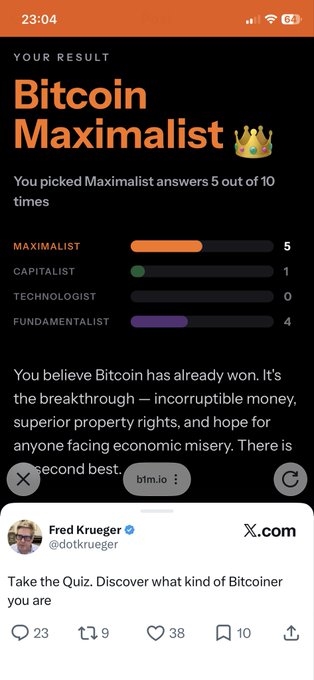 The image shows a phone screen with a social media app, where a person has posted a question about Bitcoin maximalityists. The post includes a link to an article titled "I'm the new school healthy #Bitcoin & $DOG Maximalist." This post seems to be related to the Bitcoin maximalityist movement and is shared by someone named Fred Kneger.