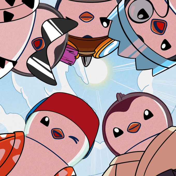 An artistic illustration of several cartoon penguins looking upward toward the sun.