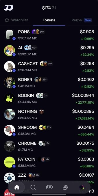 A mobile meme token trading screen displaying PONS at $0.908 (+19.96%), AI at $0.295 (+32.34%), CASHCAT, BONER, BODKIN, NOTHING, SHROOM, CHROME, and FATCOIN with various percentage gains.