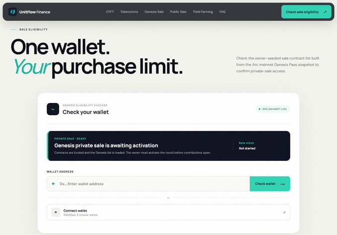 A UnitFlow Finance webpage displaying 'One wallet. Your purchase limit.' with a Genesis eligibility checker interface and a 'Check sale eligibility' button.