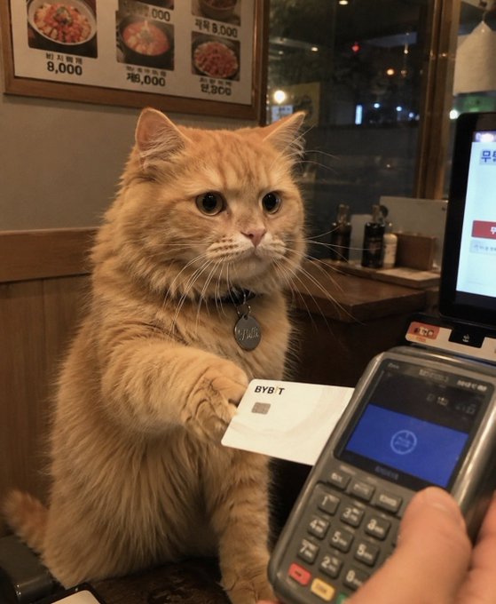 An orange cat sits upright behind a counter holding a white card that says 'BYBT' in its paw, positioned next to a payment terminal showing '16,310' and a menu with Korean text and prices like '8,000'.