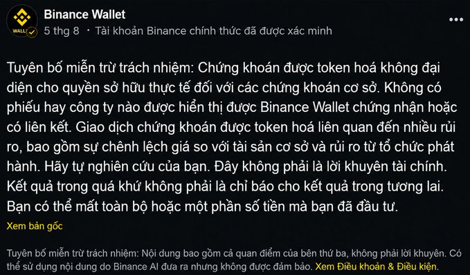 A screenshot from Binance Wallet's Vietnamese page showing a disclaimer that tokenized stocks do not represent real ownership rights, with no official listing or partnership, and warning of potential price discrepancies and total loss of invested funds.