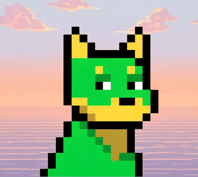 A pixel art dog with green skin and yellow accents gazes contemplatively at a pastel sunset over the ocean, capturing the "good morning" sentiment of the Doginal Dogs community greeting the start of a new day.
