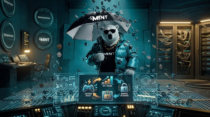 A digital artwork shows a polar bear wearing sunglasses and holding an '$MNT' umbrella in a futuristic server room with gaming interfaces displaying 'ACTIVE PLAY' and 'SHMNT STAKING'.