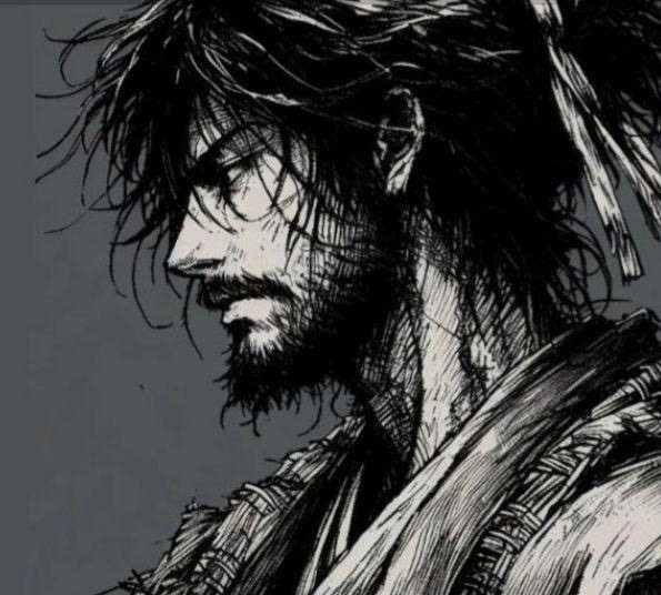 A black and white manga-style illustration of a rugged man with wild hair, a beard, and a bandana, shown in profile view with intense, weathered features.
