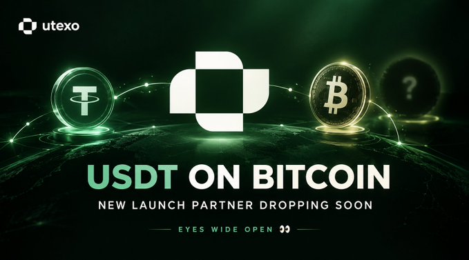 A promotional graphic for Utexo announces 'USDT ON BITCOIN' and 'NEW LAUNCH PARTNER DROPPING SOON' with the tagline 'EYES WIDE OPEN,' featuring Tether and Bitcoin coin icons.