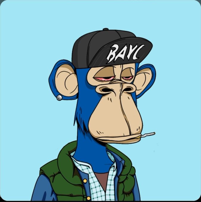 A cartoon-style NFT artwork of a Bored Ape (BAYC) character with blue fur, wearing a black "BAYC" cap, a green puffer vest, and a checkered shirt.