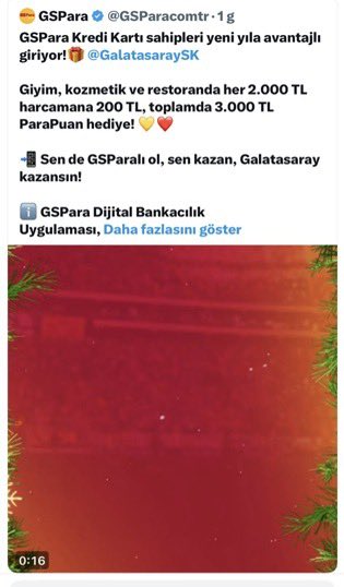 The image shows a screenshot from social media featuring a promotion from GS<bos>Para for GalatasaraySK credit card holders, offering ParaPuan rewards for purchases and mentioning the GS Para app. The text highlights a connection to "6S Money" which is relevant to the accompanying post.