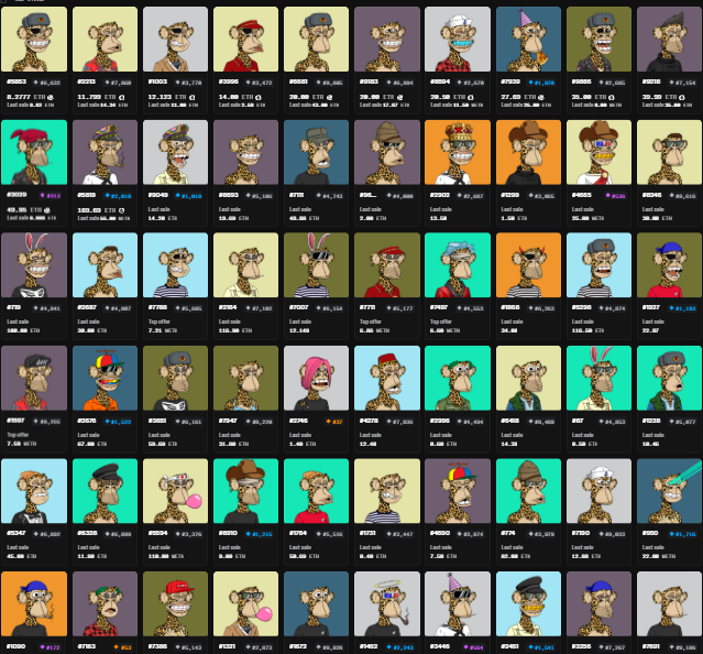 A grid display of numerous Bored Ape Yacht Club NFT avatars, each featuring distinct traits, accessories, and background colors, with their IDs and traits listed below each image.
