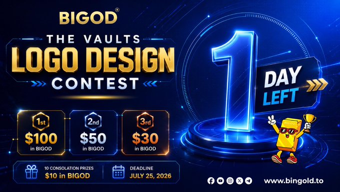 A promotional banner for the 'BIGOD The Vaults Logo Design Contest' showing '1 DAY LEFT', with prizes of $100, $50, and $30 in BIGOD, and a deadline of July 25, 2026.